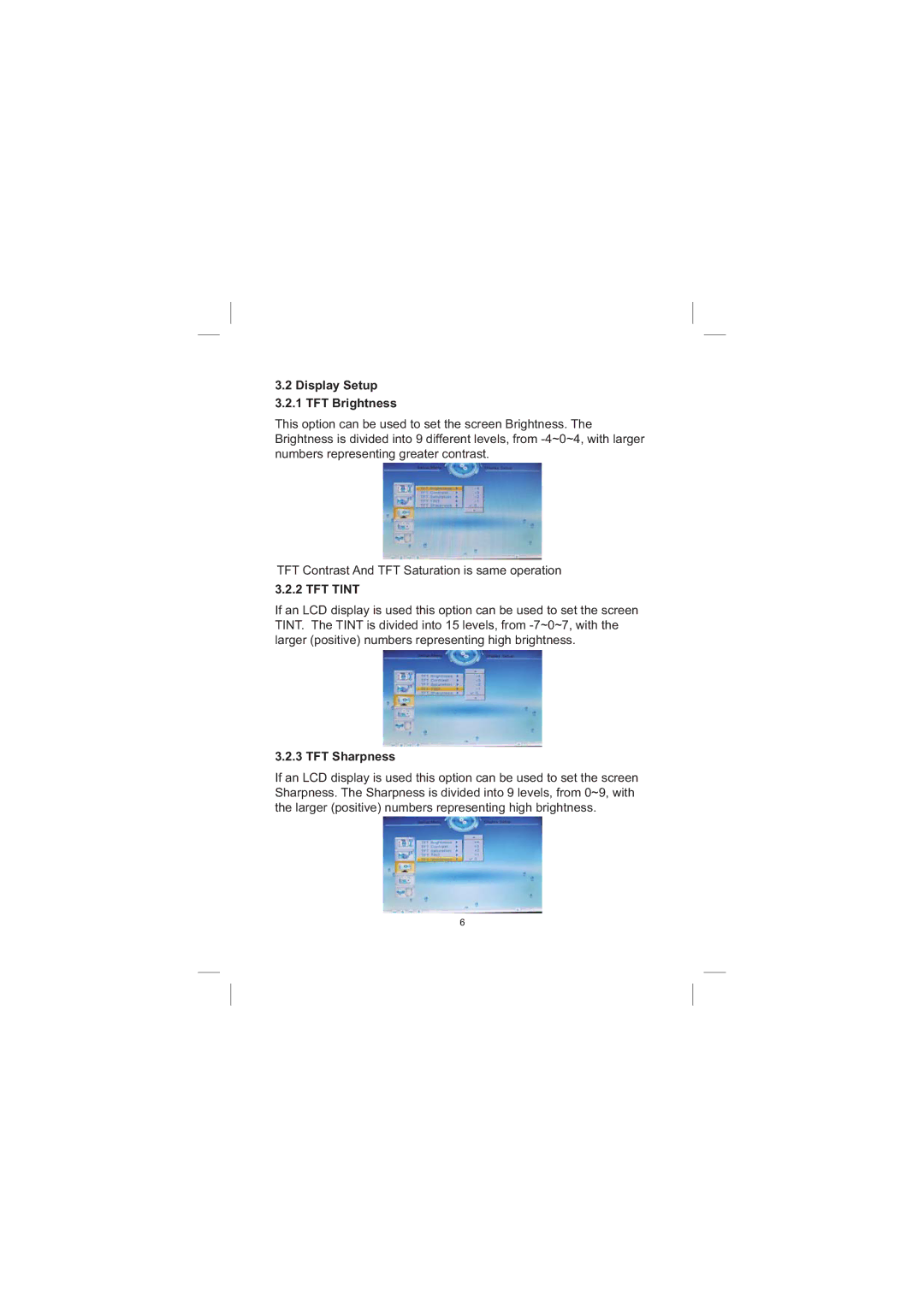 Sylvania SDPF833 user manual TFT Tint, TFT Sharpness 