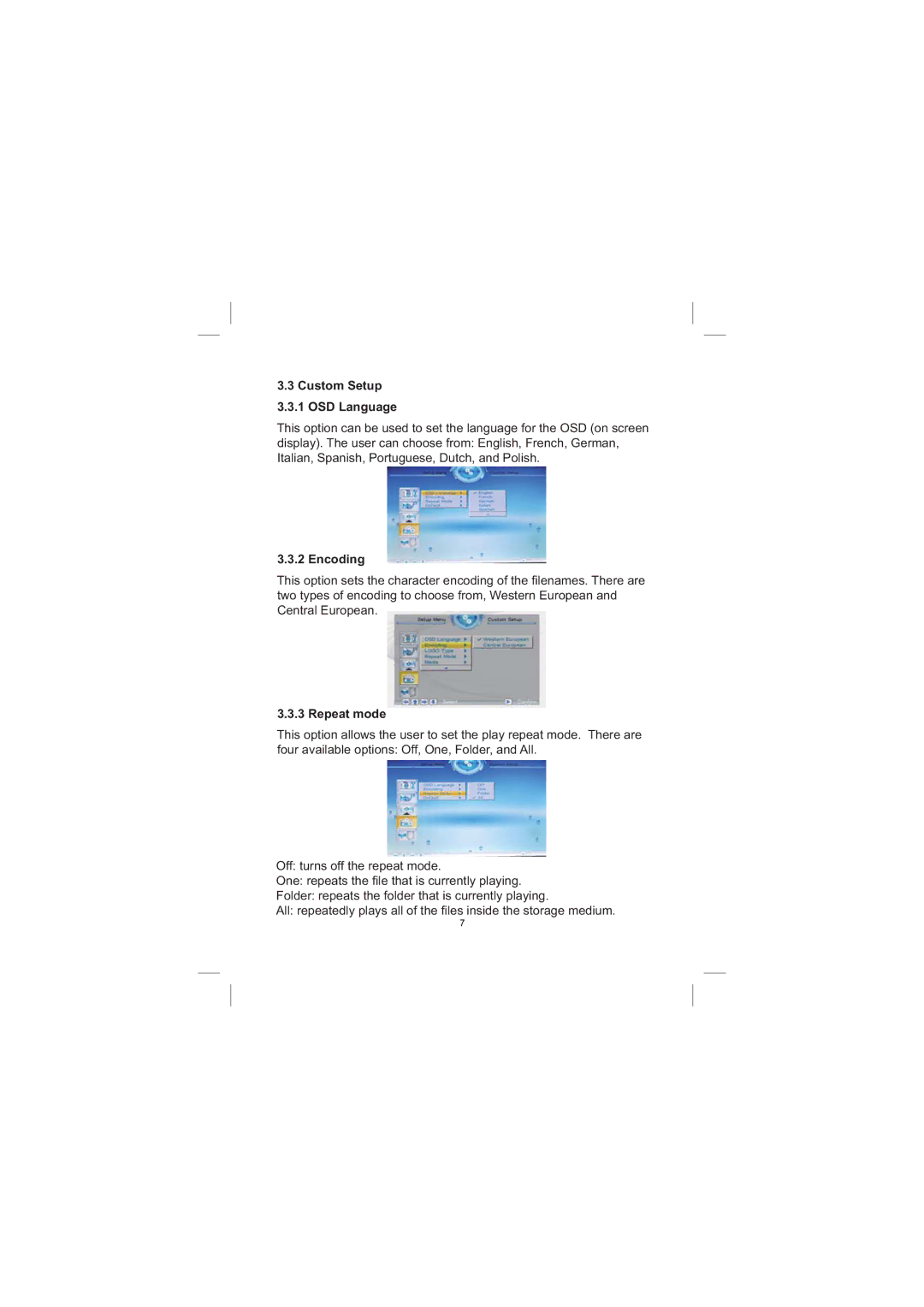 Sylvania SDPF833 user manual Custom Setup 3.3.1 OSD Language, Encoding, Repeat mode 