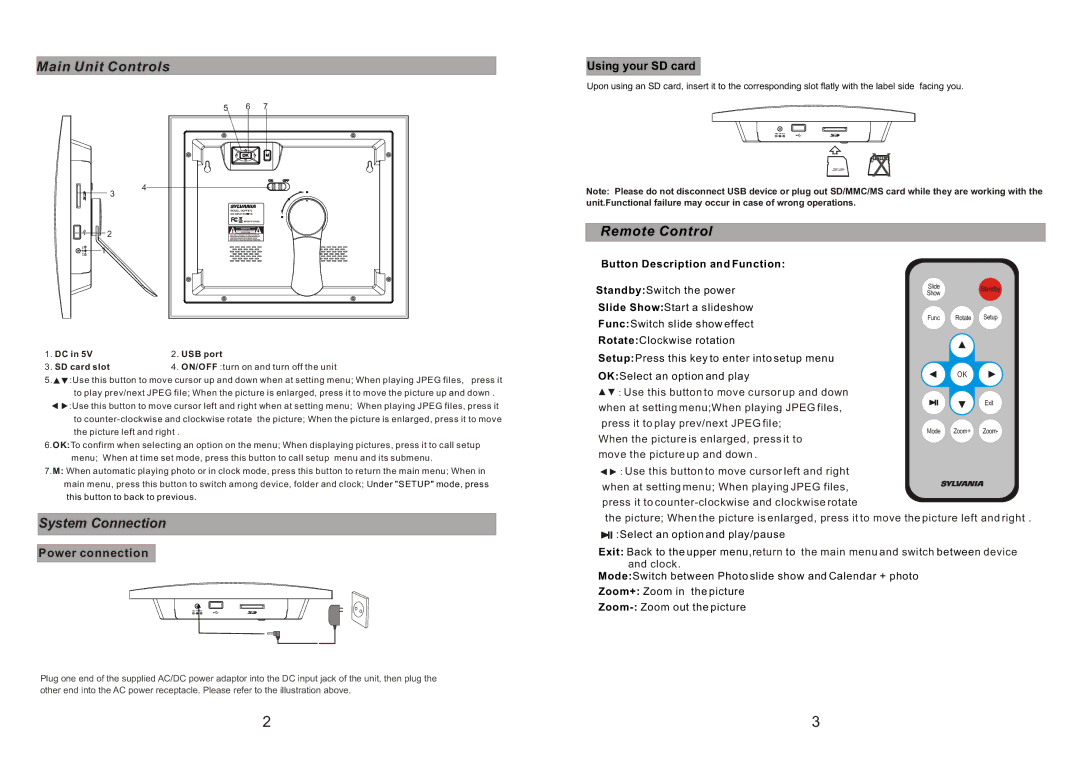 Sylvania SDPF872 manual Remote Control, Button Description and Function 