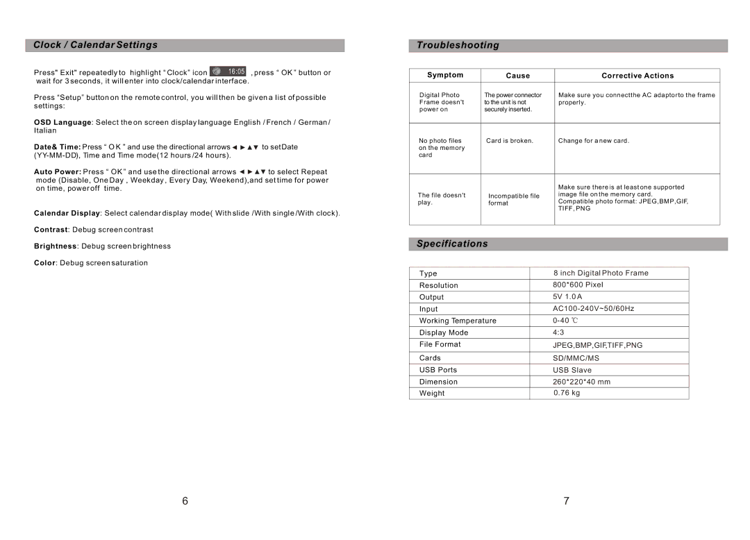 Sylvania SDPF872 manual Clock / Calendar Settings, Troubleshooting, Specifications, Symptom Cause Corrective Actions 