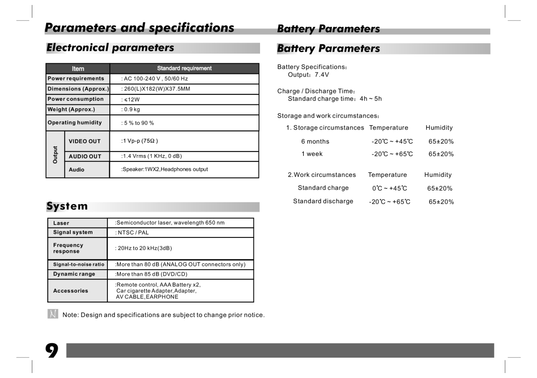 Sylvania SDVD1023 user manual Parameters and specifications, Electronical parameters, Battery Parameters 