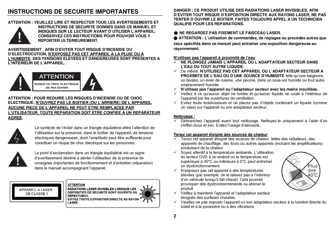 Sylvania SDVD1023 user manual Instructions DE Securite Importantes, NE Regardez PAS Fixement LE Faisceau Laser, Nettoyage 