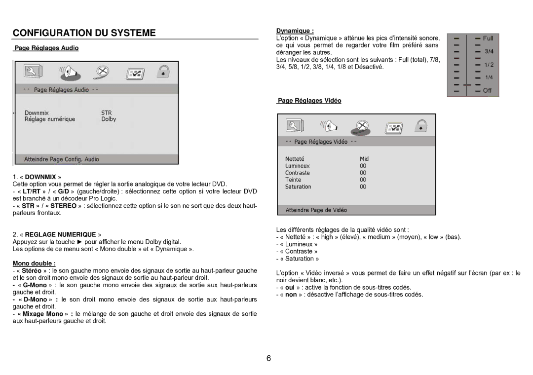 Sylvania SDVD1023 user manual Réglages Audio « Downmix », « Reglage Numerique », Mono double, Dynamique, Réglages Vidéo 