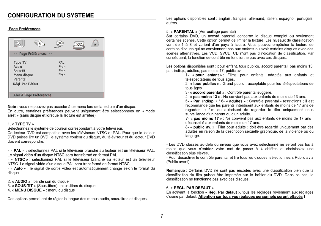 Sylvania SDVD1023 user manual Préférences, « Type TV », « REGL. PAR Defaut » 