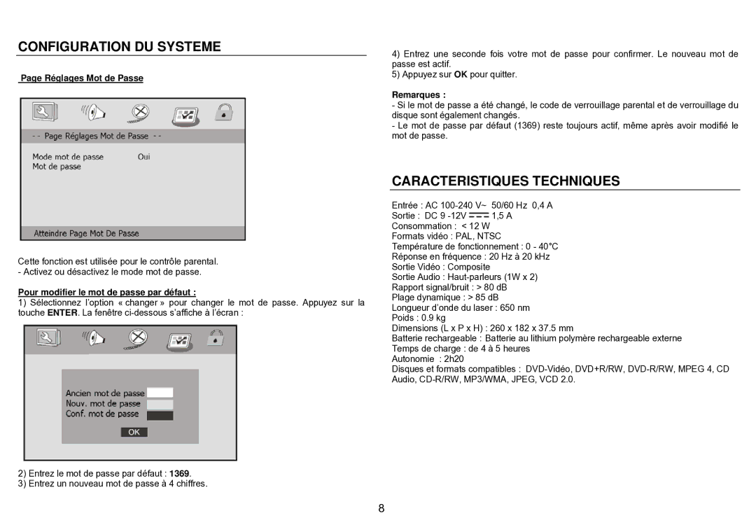 Sylvania SDVD1023 Caracteristiques Techniques, Réglages Mot de Passe, Remarques, Pour modifier le mot de passe par défaut 