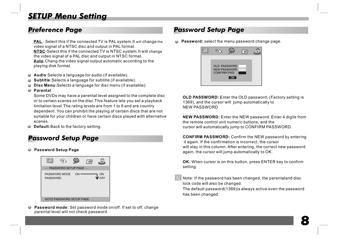 Sylvania SDVD1023 user manual Parental, Password Setup, NEW Password 