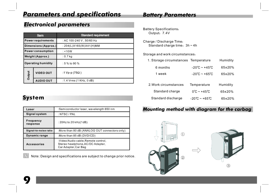 Sylvania SDVD7024 user manual Parameters and specifications, Electronical parameters, Battery Parameters 