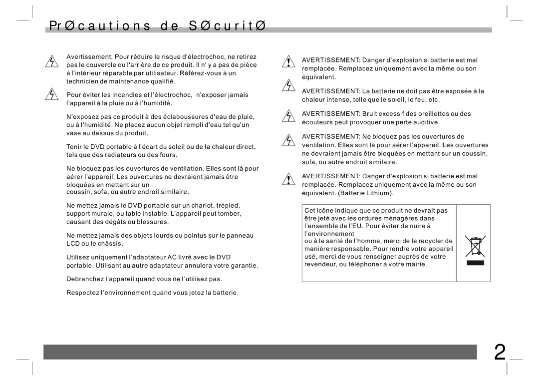 Sylvania SDVD7024 user manual Précautions de Sécurité 