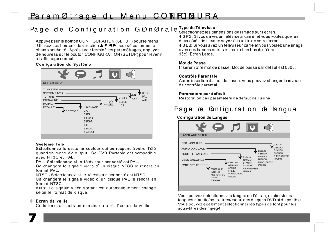 Sylvania SDVD7024 user manual Paramétrage du Menu Configuration, De Configuration Générale, De Configuration de Langue 