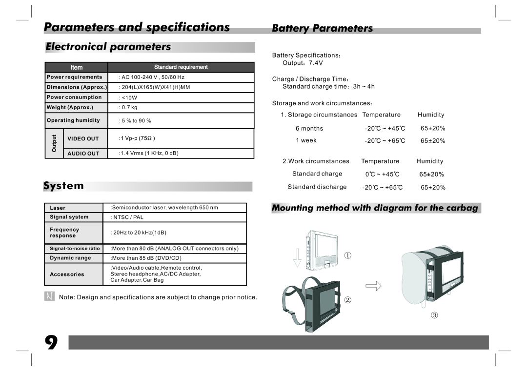 Sylvania SDVD7024 user manual Parameters and specifications, Electronical parameters, Battery Parameters, System, ① ② ③ 