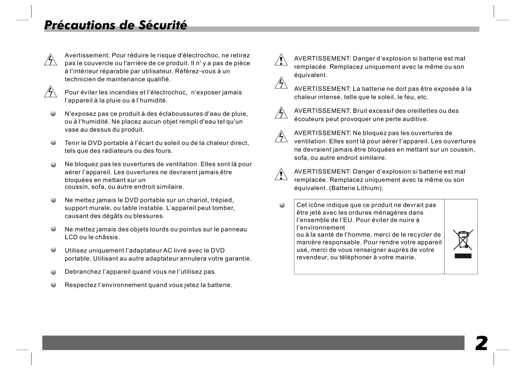 Sylvania SDVD7024 user manual Précautions de Sécurité 