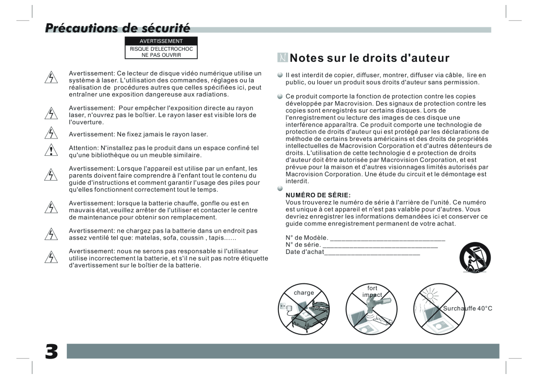 Sylvania SDVD7024 user manual Précautions de sécurité, Numéro De Série, N Notes sur le droits dauteur 