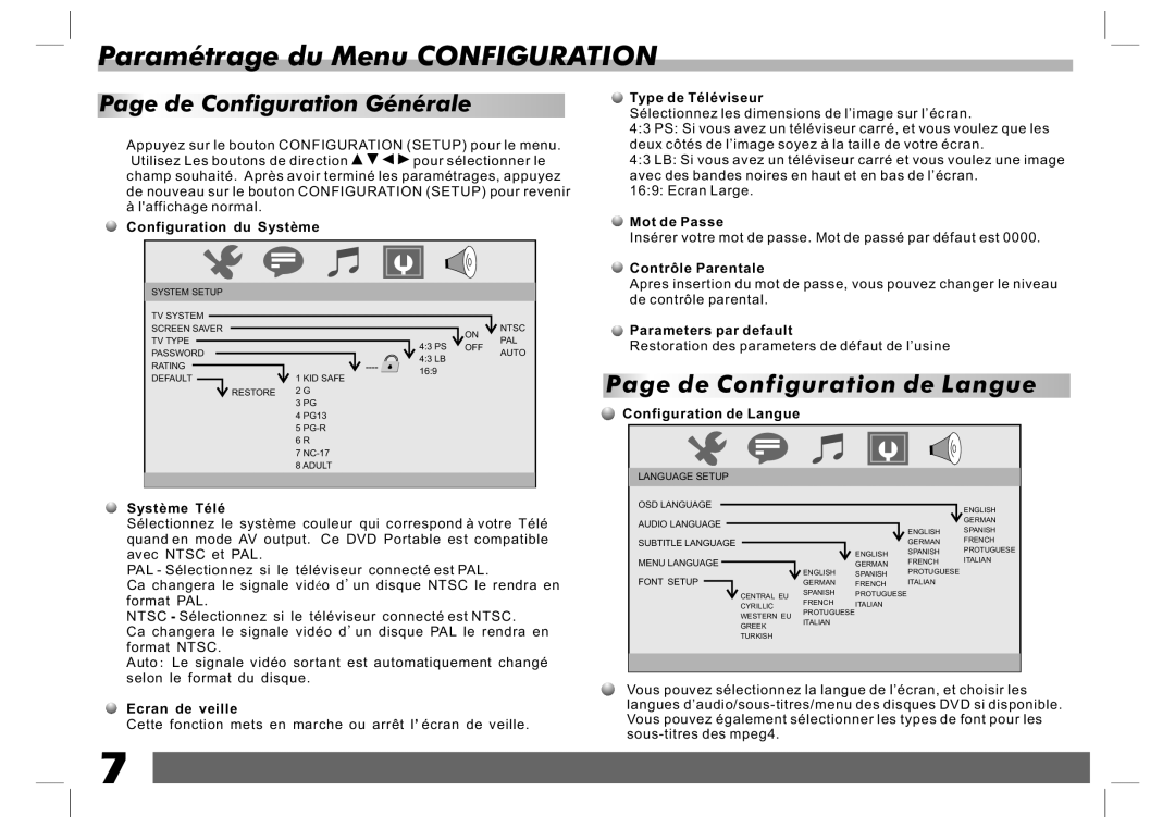 Sylvania SDVD7024 Paramétrage du Menu CONFIGURATION, Page de Configuration Générale, Page de Configuration de Langue 