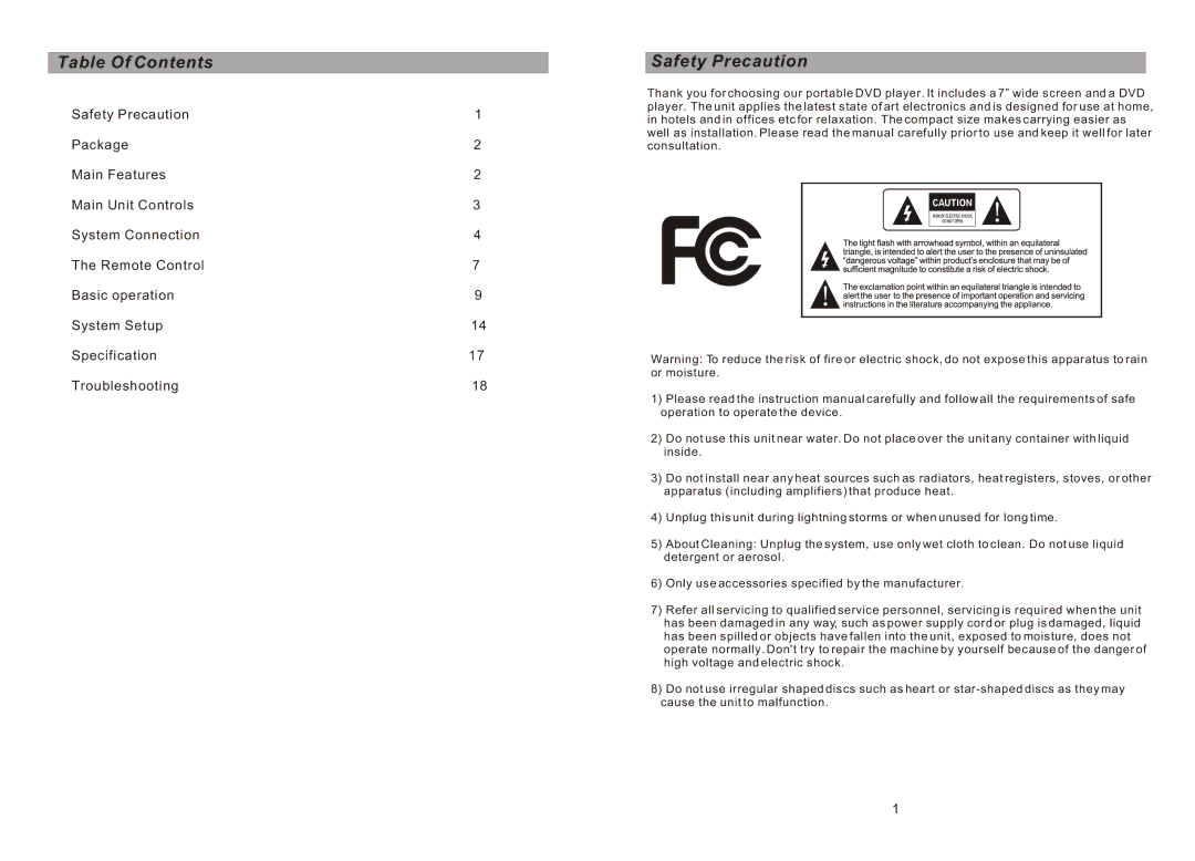 Sylvania SDVD7027 manual Table Of Contents, Safety Precaution 