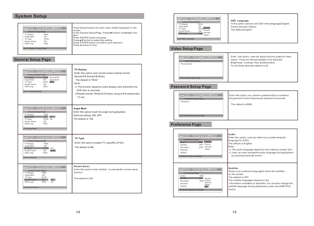 Sylvania SDVD7027 manual System Setup, Video Setup, General Setup, Password Setup, Preference 