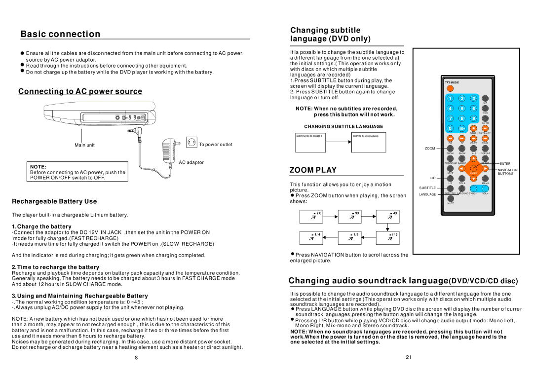 Sylvania SDVD7045 user manual Basic connection, Changing subtitle language DVD only, Connecting to AC power source 