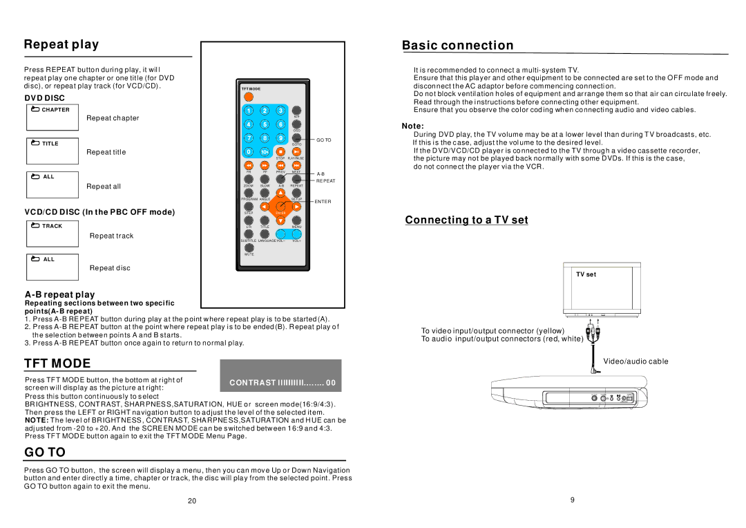 Sylvania SDVD7045 user manual Repeat play, Connecting to a TV set, Repeating sections between two specific pointsA-B repeat 