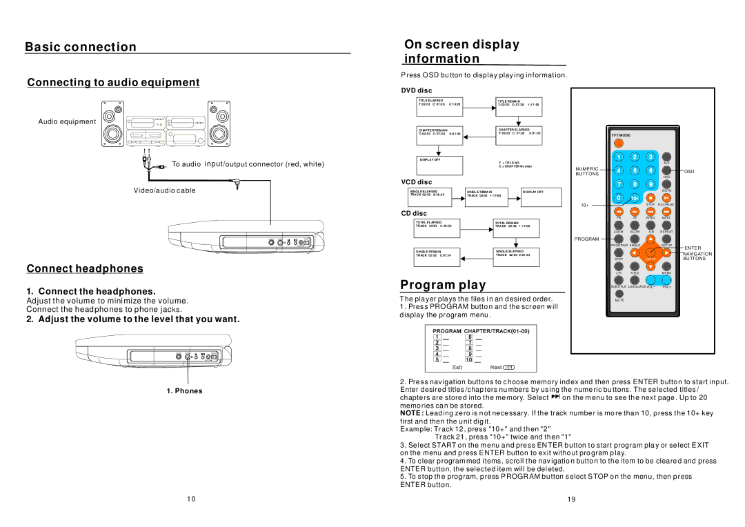 Sylvania SDVD7045 user manual Basic connection On screen display Information, Program play, Connecting to audio equipment 