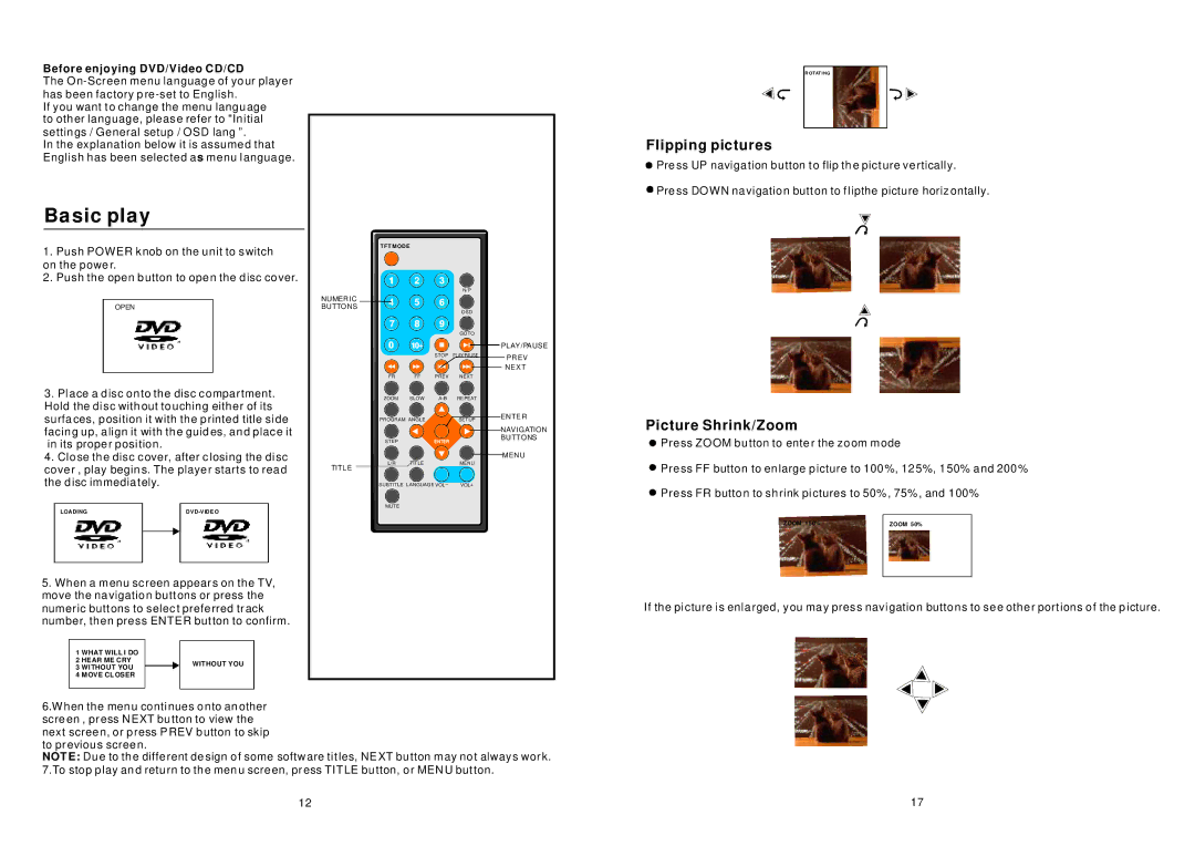 Sylvania SDVD7045 user manual Basic play, Flipping pictures, Picture Shrink/Zoom, Before enjoying DVD/Video CD/CD 