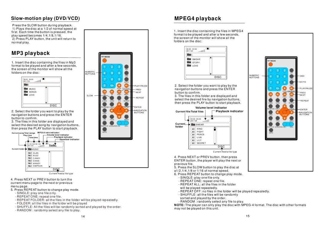 Sylvania SDVD7045 user manual MPEG4 playback, MP3 playback, Slow-motion play DVD/VCD 