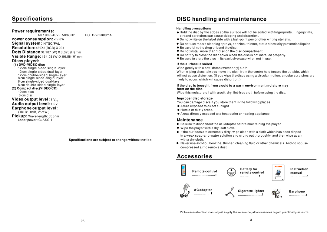 Sylvania SDVD7045 user manual Specifications, Disc handling and maintenance, Accessories 