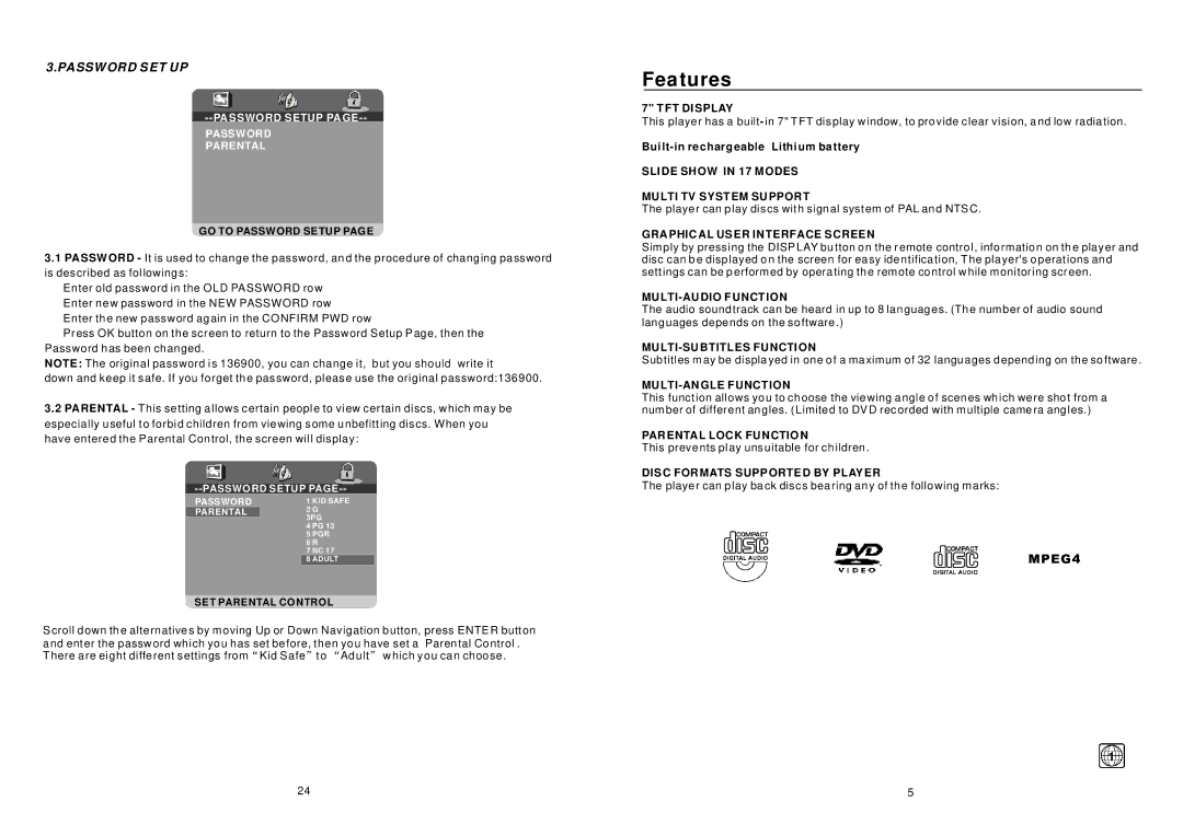 Sylvania SDVD7045 user manual Features, Built-in rechargeable Lithium battery, This prevents play unsuitable for children 