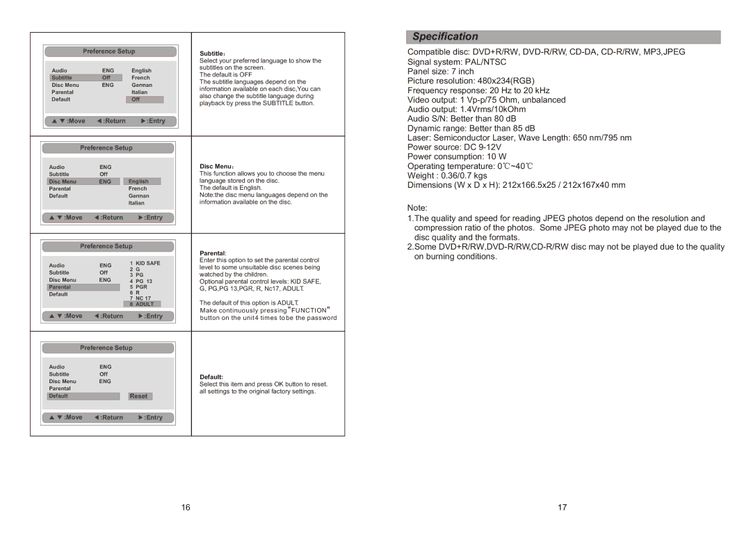 Sylvania SDVD8716D manual Specification 