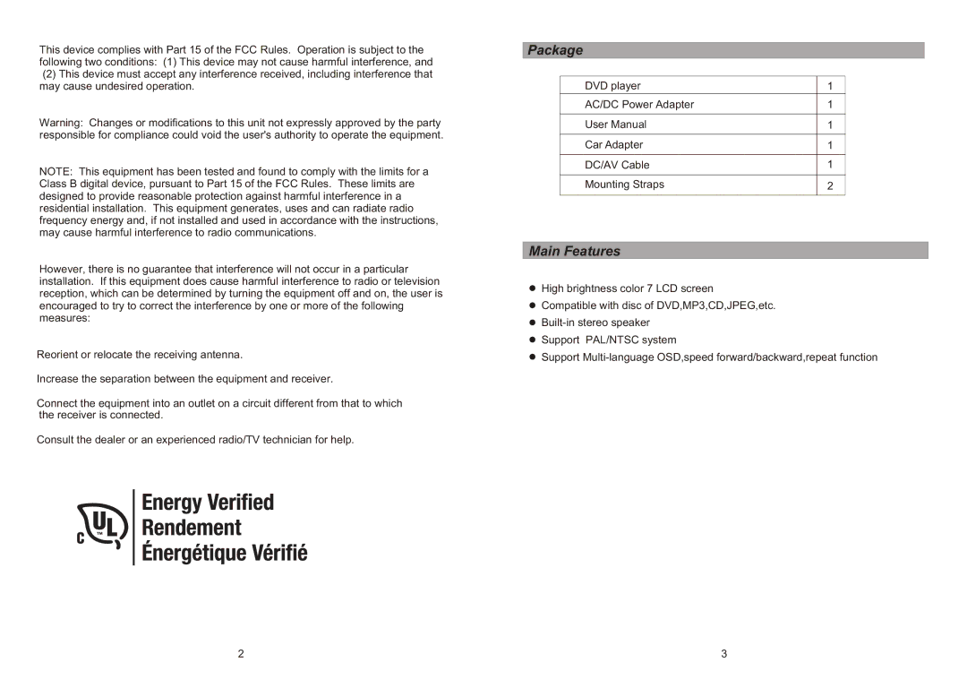 Sylvania SDVD8716D manual Package, Main Features 