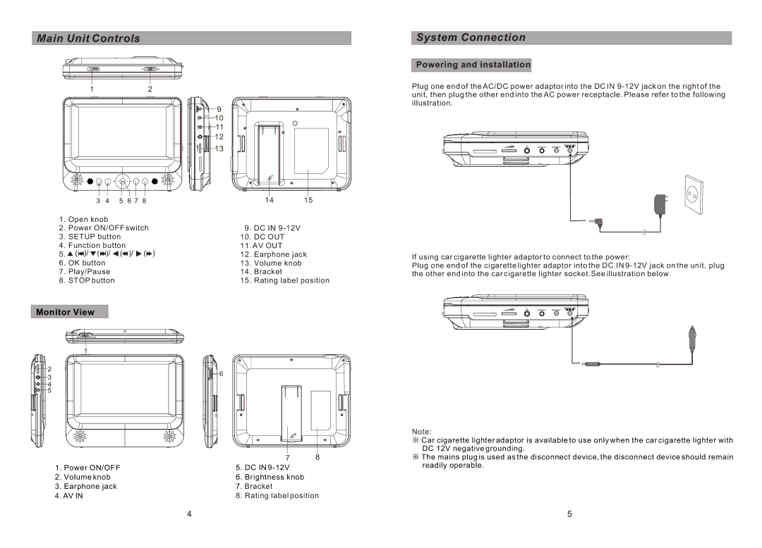 Sylvania SDVD8716D manual Main Unit Controls, System Connection, Powering and installation 