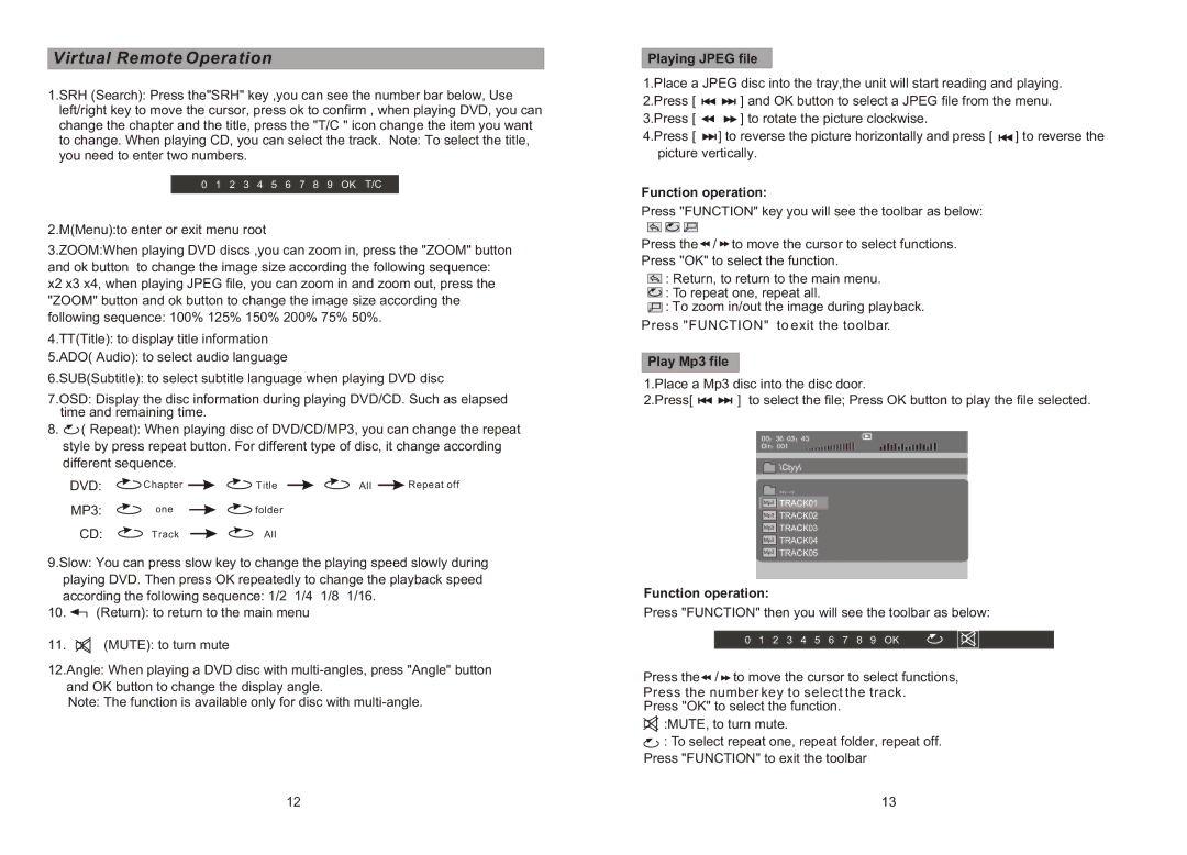 Sylvania SDVD8716D manual Playing Jpeg file, Function operation, Play Mp3 file 