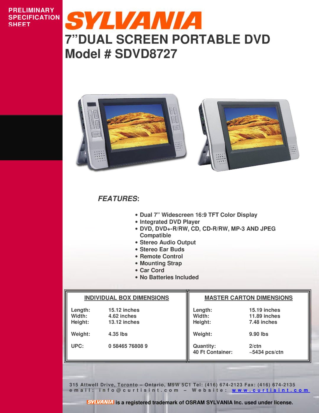 Sylvania specifications 7DUAL Screen Portable DVD Model # SDVD8727, Features, Upc 