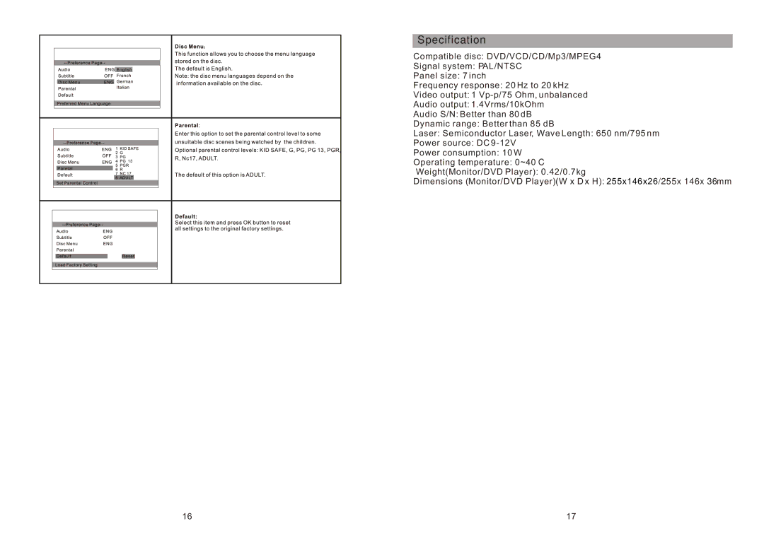 Sylvania SDVD8730 manual Specification 