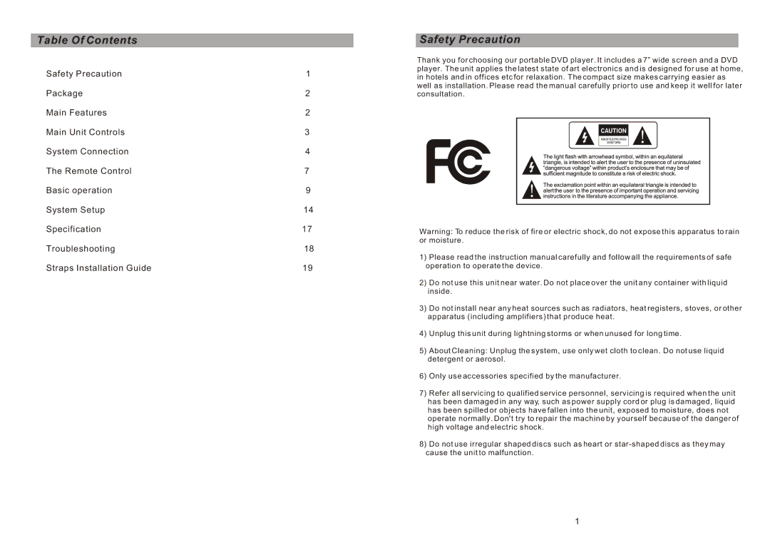 Sylvania SDVD8730 manual Table Of Contents, Safety Precaution 