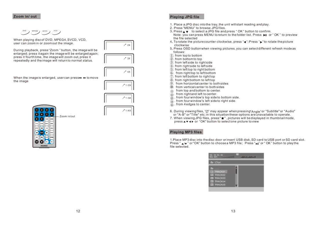 Sylvania SDVD8730 manual Zoom in/ out, Playing JPG file, Playing MP3 files 