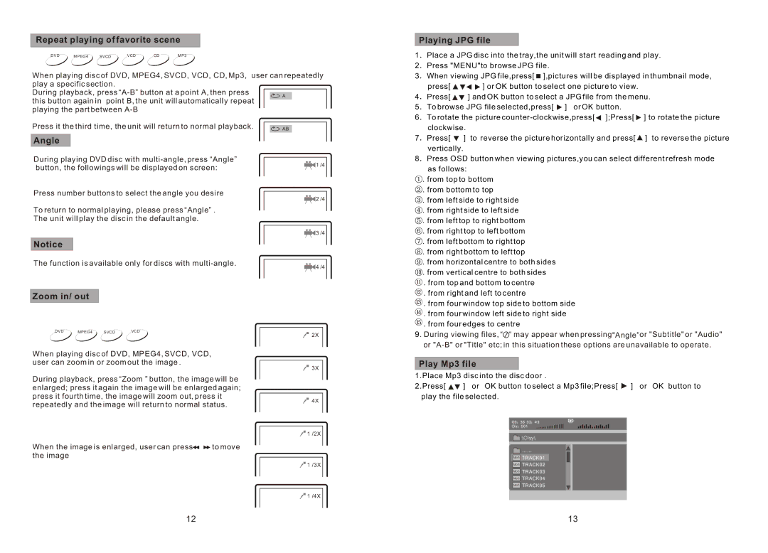 Sylvania SDVD8791 manual Repeat playing of favorite scene, Playing JPG file, Angle, Zoom in/ out, Play Mp3 file 