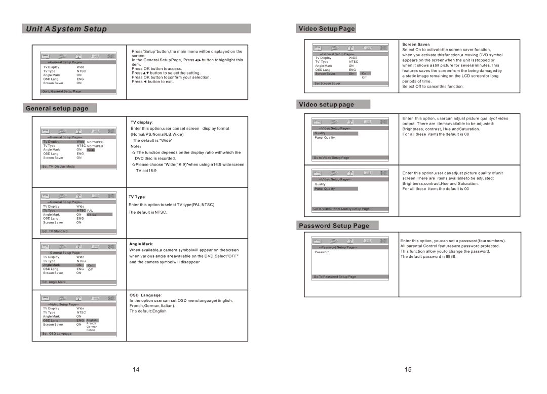 Sylvania SDVD8791 manual Unit a System Setup, Video Setup, General setup, Password Setup 