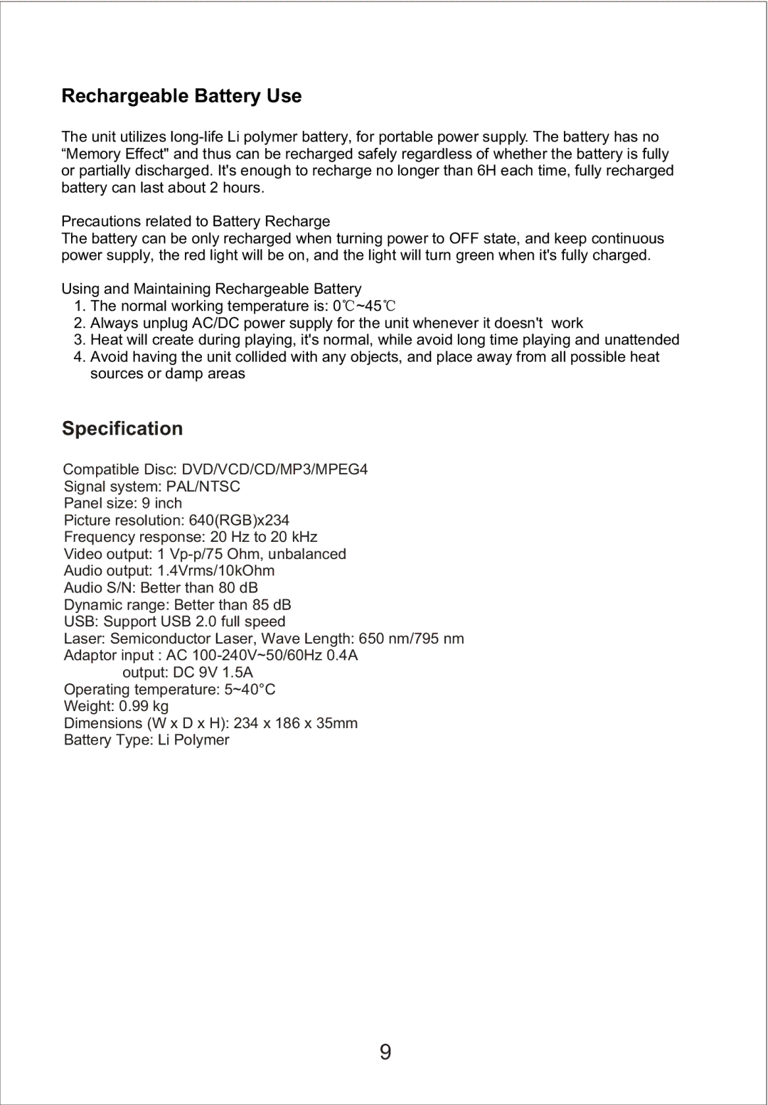 Sylvania SDVD9000 manual Rechargeable Battery Use, Specification 