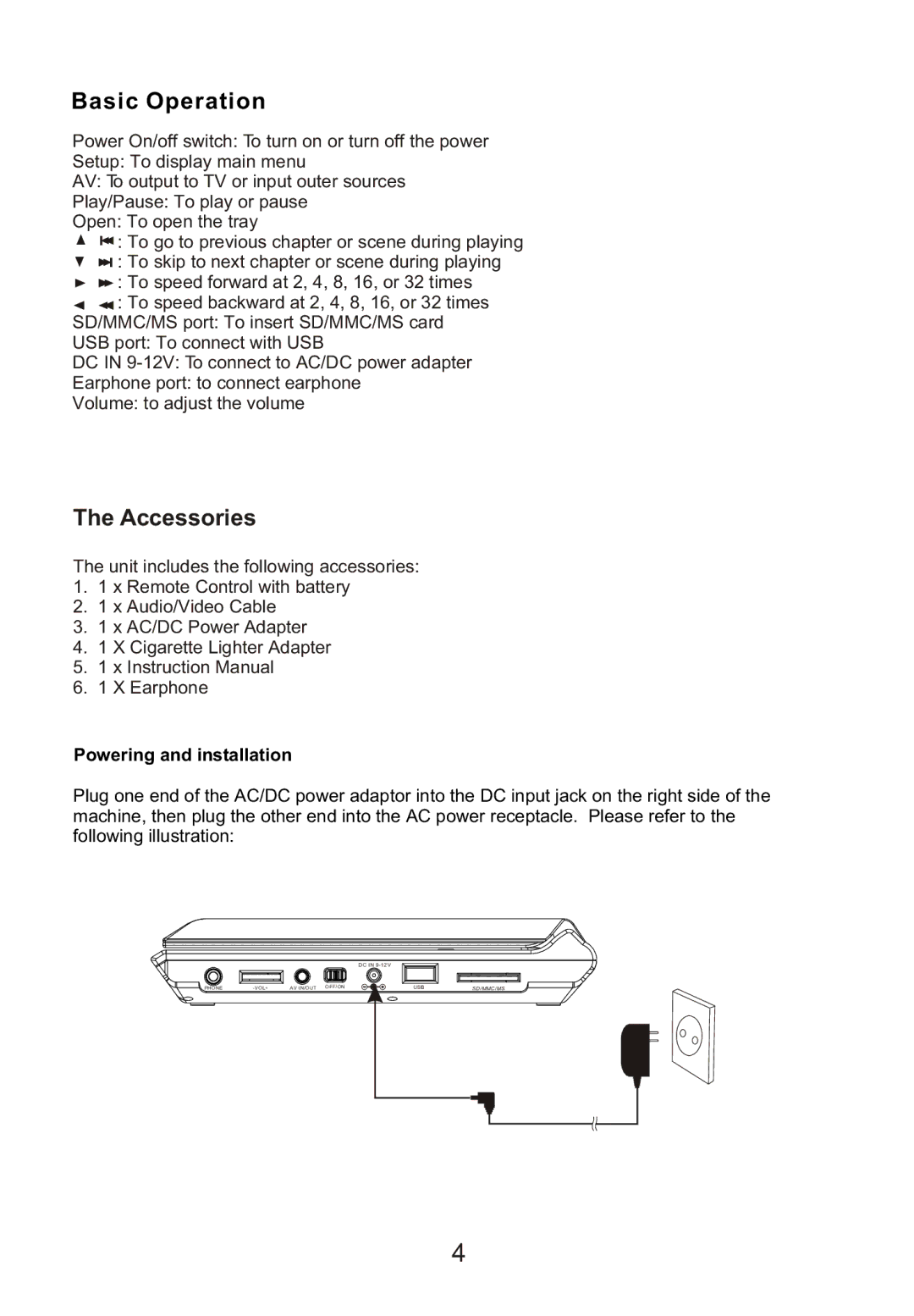 Sylvania SDVD9000 manual Basic Operation, Accessories, Powering and installation 