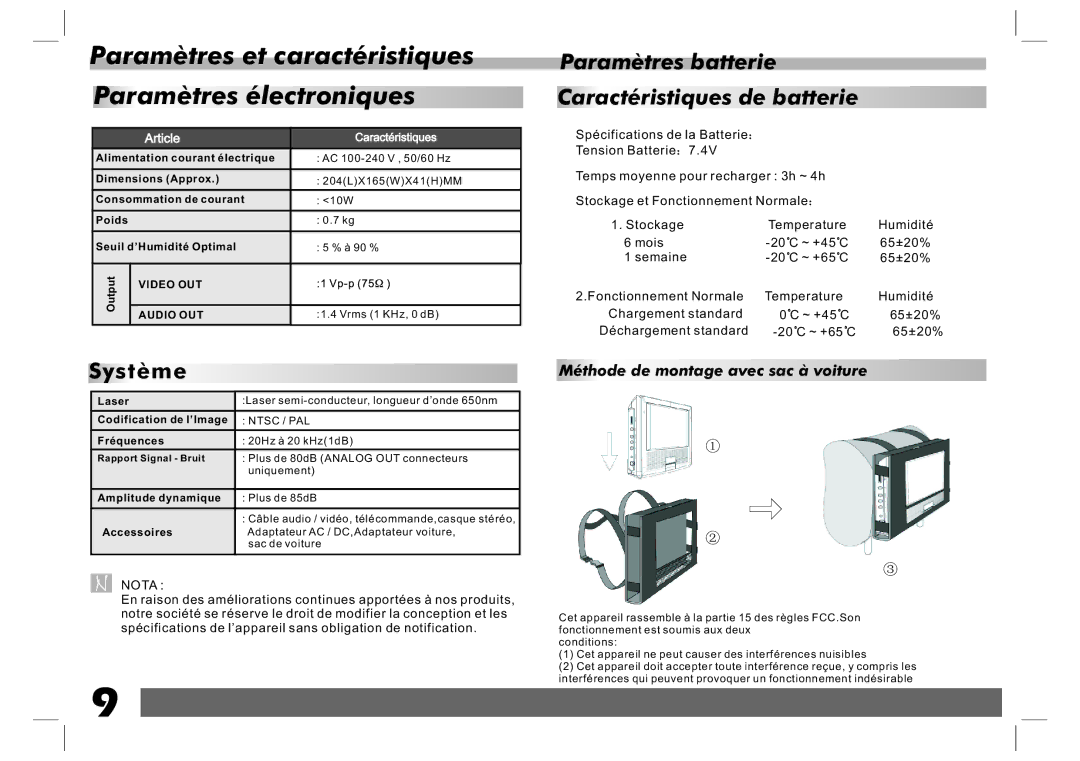 Sylvania SDVD9001-BLACK user manual Paramètres et caractéristiques Paramètres électroniques 