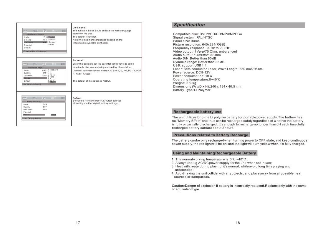 Sylvania SDVD9004 manual Specification, Rechargeable battery use, Precautions related to Battery Recharge 