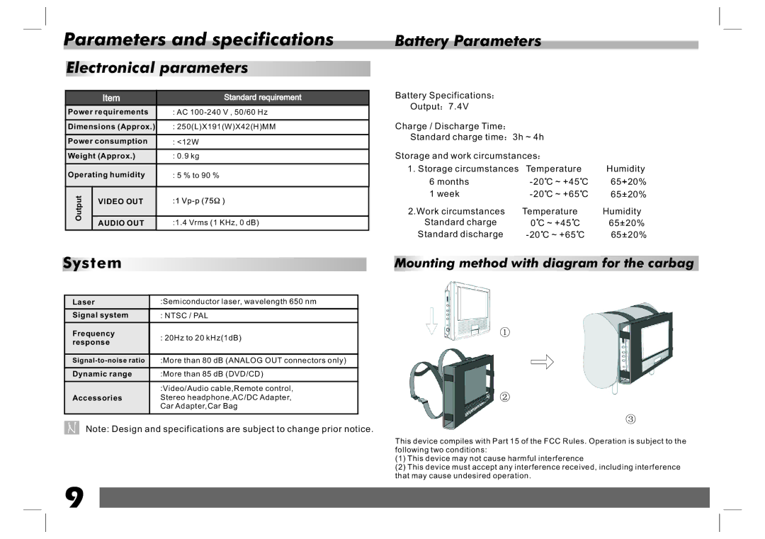 Sylvania SDVD9020 user manual Parameters and specifications, Electronical parameters, Battery Parameters, System 