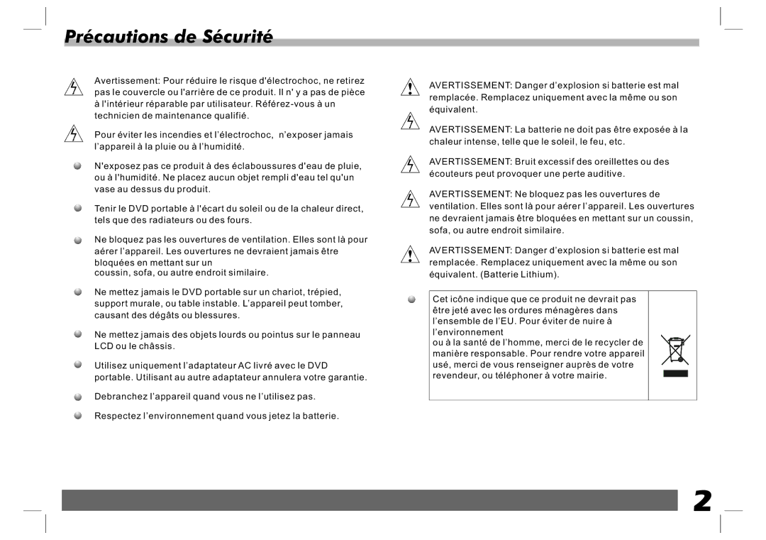 Sylvania SDVD9020 user manual Précautions de Sécurité 