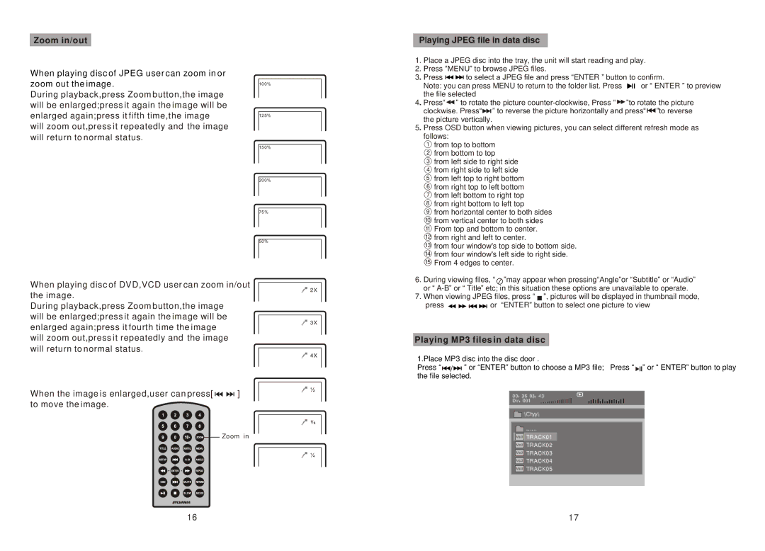 Sylvania SDVD9957 manual Zoom in/out, Playing Jpeg file in data disc, Playing MP3 files in data disc 