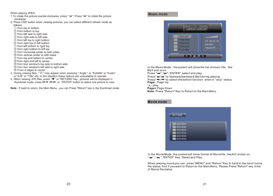 Sylvania SDVD9957 manual Music mode, Movie mode 