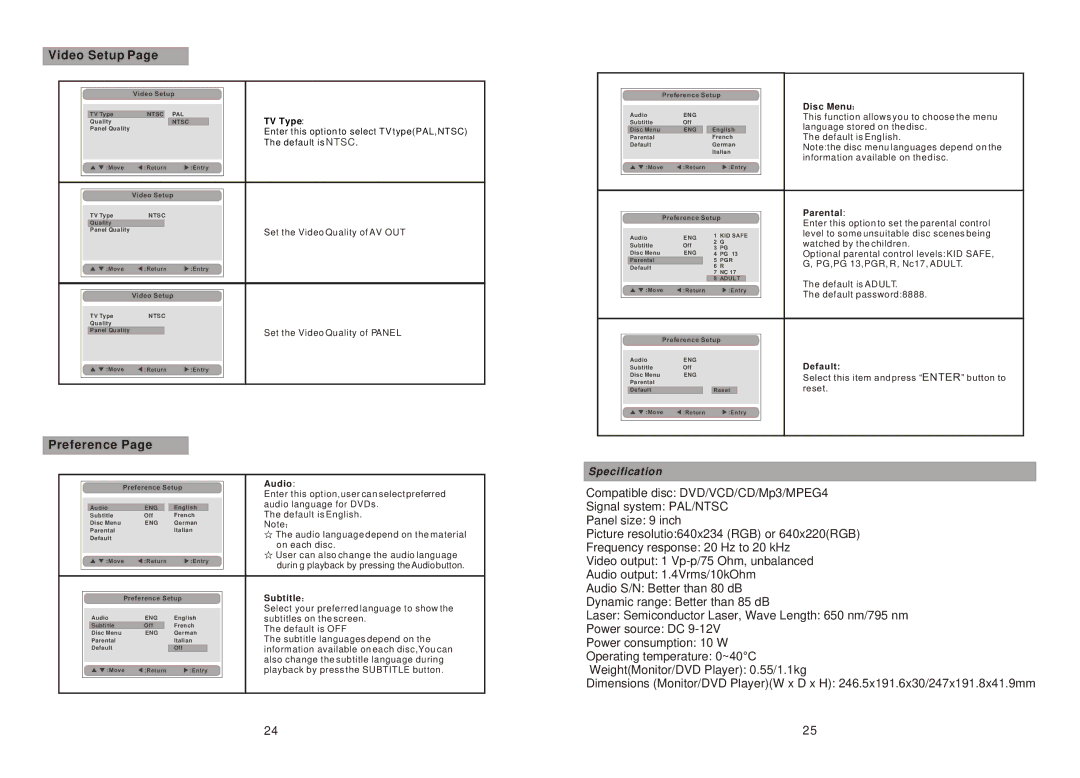 Sylvania SDVD9957 manual Video Setup, Preference 