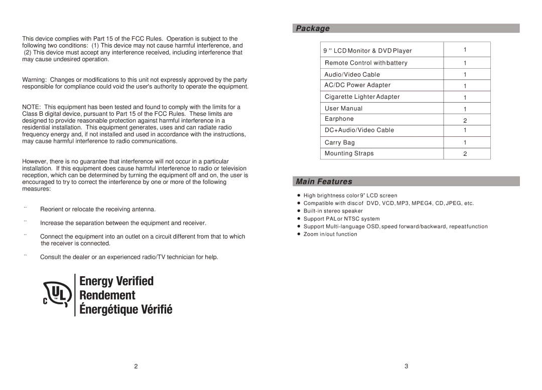 Sylvania SDVD9957 manual Package, Main Features 