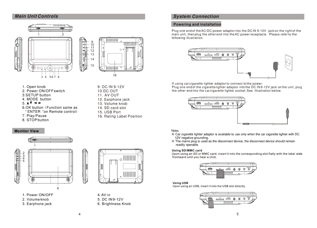 Sylvania SDVD9957 manual Main Unit Controls System Connection, Powering and installation 