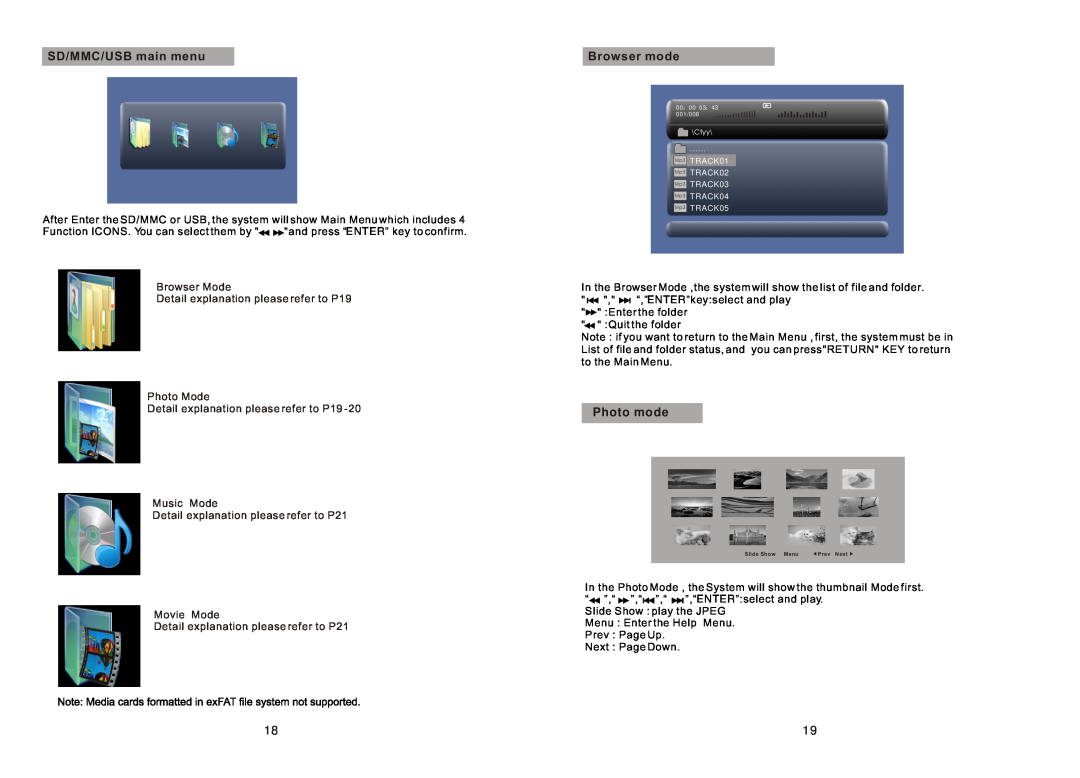 Sylvania SDVD9957 manual SD/MMC/USB main menu, Browser mode, Photo mode, Detail explanation please refer to P19 Music Mode 