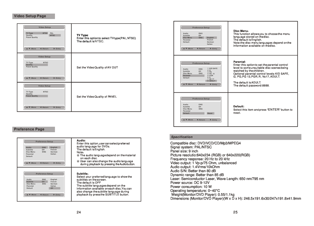 Sylvania SDVD9957 manual Video Setup Page, Preference Page, Compatible disc DVD/VCD/CD/Mp3/MPEG4 Signal system PAL/NTSC 