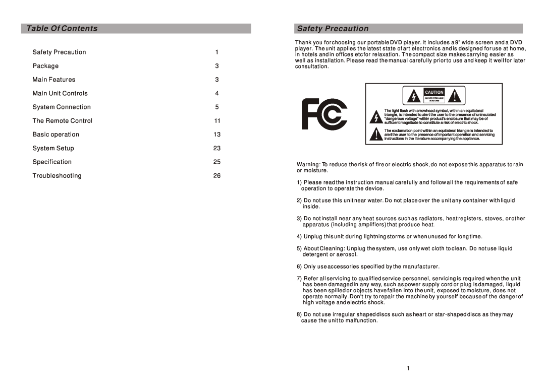 Sylvania SDVD9957 manual Table Of Contents, Safety Precaution 